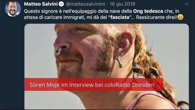 Matteo Salvini condannato da un tribunale di Francoforte Germania per una foto pubblicata su Twitter senza autorizzazione e scattata da Friedhold Ulonska a Sören Moje membro ong Mission Lifeline - Leggilo