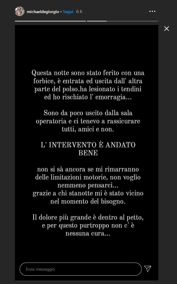 Michael De Giorgio in una IG stories racconta l'aggressione