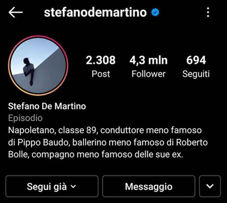 De Martino frecciatina alle ex nella bio social