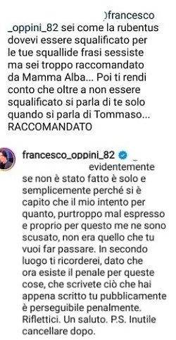 Francesco Oppini raccomandato risponde sui social