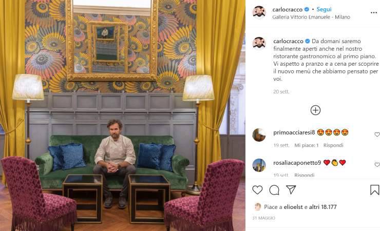 Carlo Cracco nel suo ristorante in Galleria Vittorio Emanuele II a Milano (Instagram)